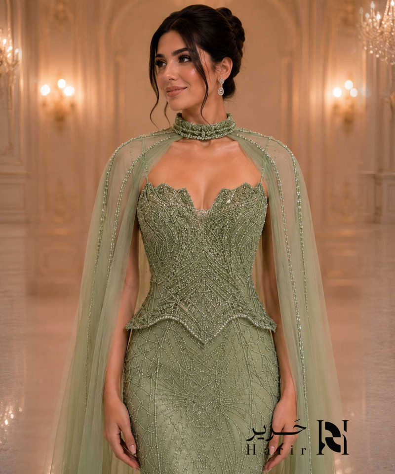 Luxury Sage Olive Green Crystal Embroidered Evening Dress with Sweetheart Corset Bodice, High Neck Cape and Sheer Tulle Draping