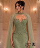 Luxury Sage Olive Green Crystal Embroidered Evening Dress with Sweetheart Corset Bodice, High Neck Cape and Sheer Tulle Draping