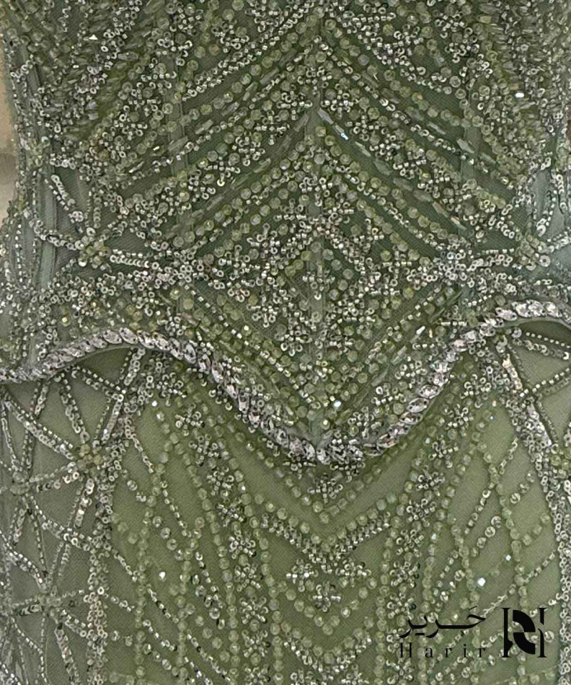Luxury Sage Olive Green Crystal Embroidered Evening Dress with Sweetheart Corset Bodice, High Neck Cape and Sheer Tulle Draping