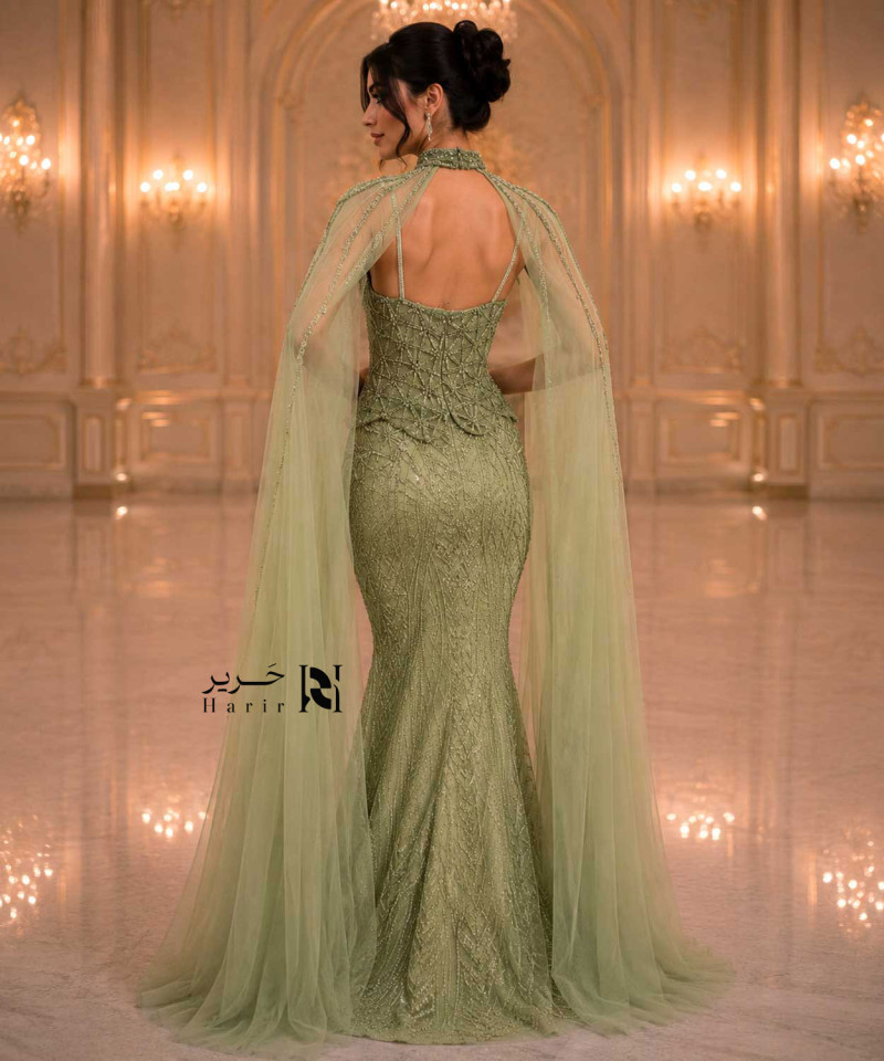 Luxury Sage Olive Green Crystal Embroidered Evening Dress with Sweetheart Corset Bodice, High Neck Cape and Sheer Tulle Draping