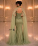 Luxury Sage Olive Green Crystal Embroidered Evening Dress with Sweetheart Corset Bodice, High Neck Cape and Sheer Tulle Draping