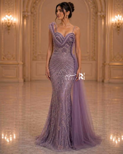 Luxury Lavender Purple Crystal Embroidered Evening Dress with Corset  Bodice, Thin Straps and Side Tulle Drape -