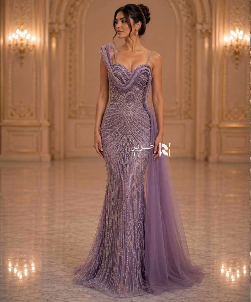 Luxury Lavender Purple Crystal Embroidered Evening Dress with Corset Bodice, Thin Straps and Side Tulle Drape