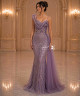 Luxury Lavender Purple Crystal Embroidered Evening Dress with Corset Bodice, Thin Straps and Side Tulle Drape