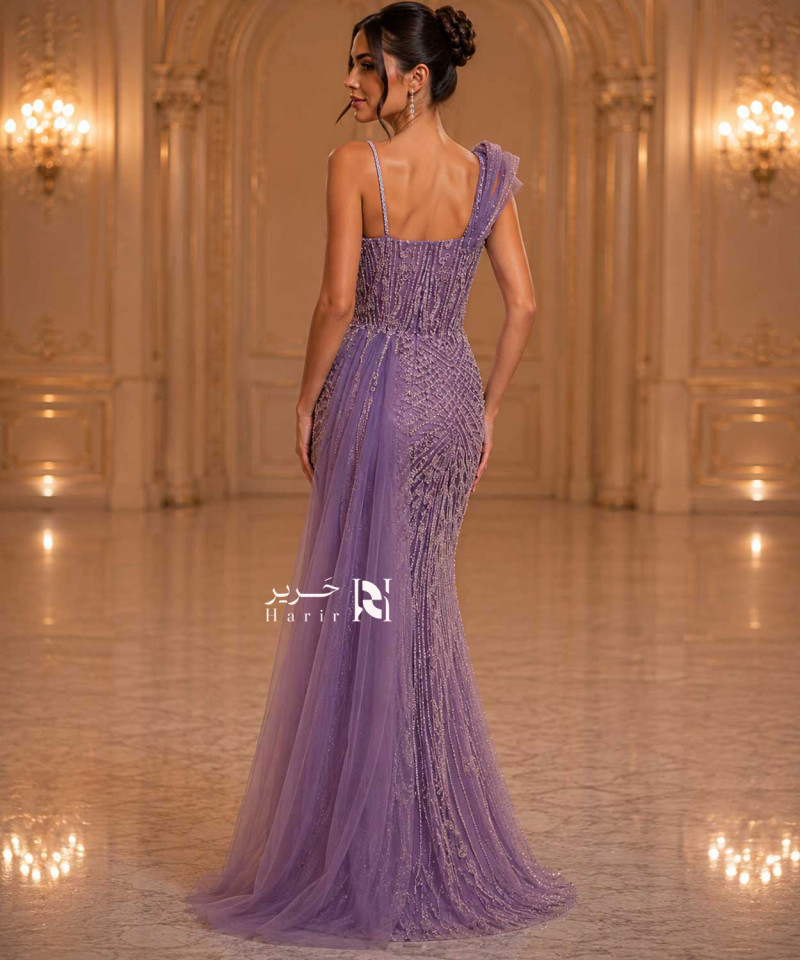 Luxury Lavender Purple Crystal Embroidered Evening Dress with Corset Bodice, Thin Straps and Side Tulle Drape