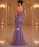 Luxury Lavender Purple Crystal Embroidered Evening Dress with Corset Bodice, Thin Straps and Side Tulle Drape