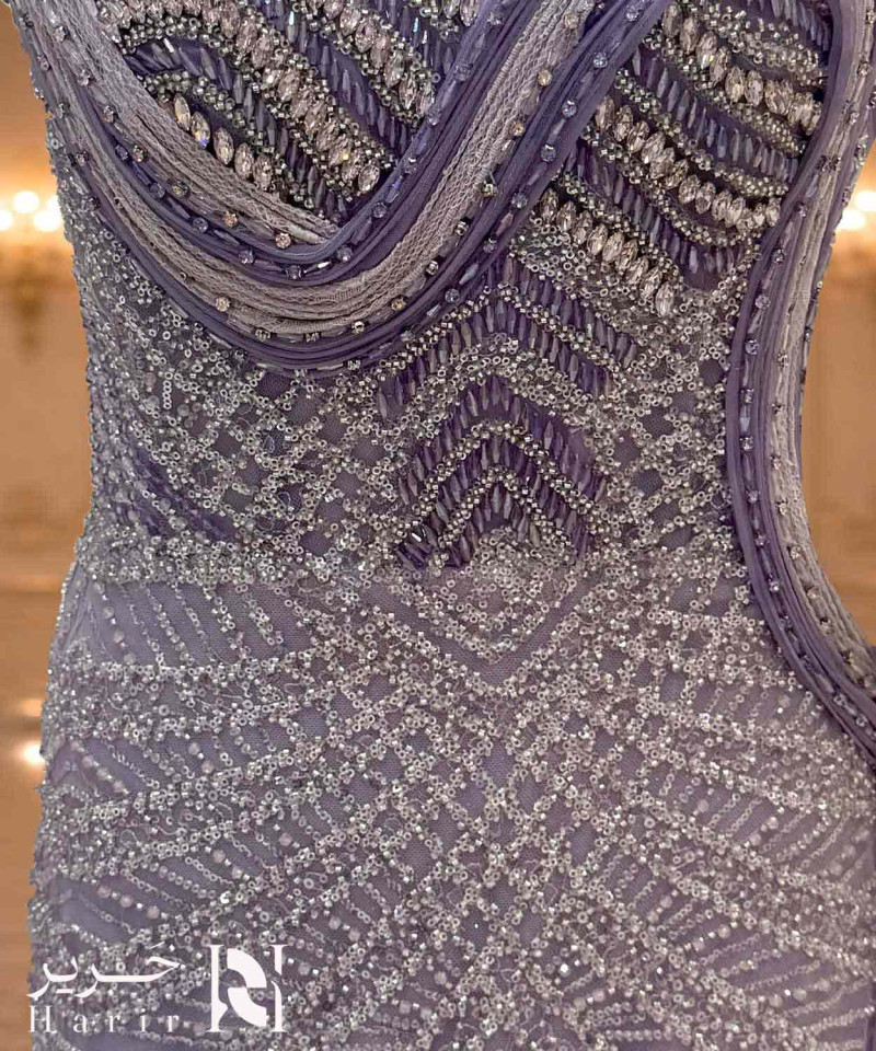Luxury Lavender Purple Crystal Embroidered Evening Dress with Corset Bodice, Thin Straps and Side Tulle Drape