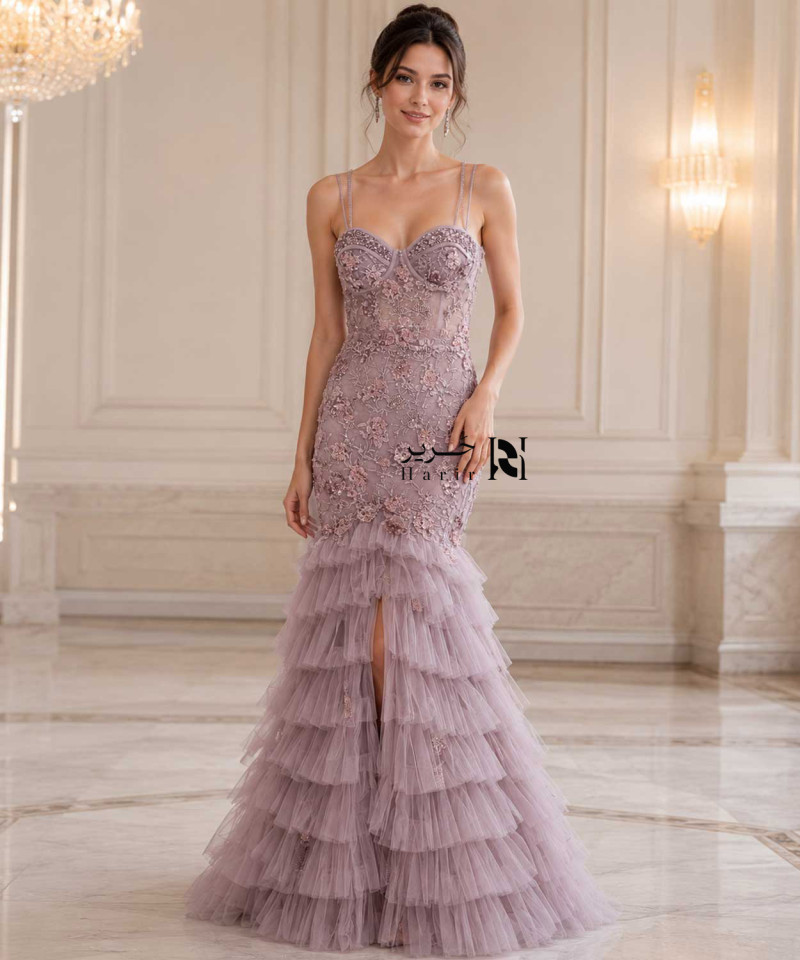 Mauve Pink 3D Floral Lace Evening Dress with Sweetheart Corset Bodice, Double Straps and Tiered Tulle Mermaid Skirt
