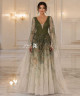 Olive Green Beaded Evening Dress with Deep V-Neckline, Sheer Wide Sleeves and Gradient Tulle Skirt