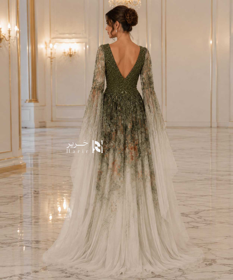 Olive Green Beaded Evening Dress with Deep V-Neckline, Sheer Wide Sleeves and Gradient Tulle Skirt