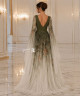 Olive Green Beaded Evening Dress with Deep V-Neckline, Sheer Wide Sleeves and Gradient Tulle Skirt