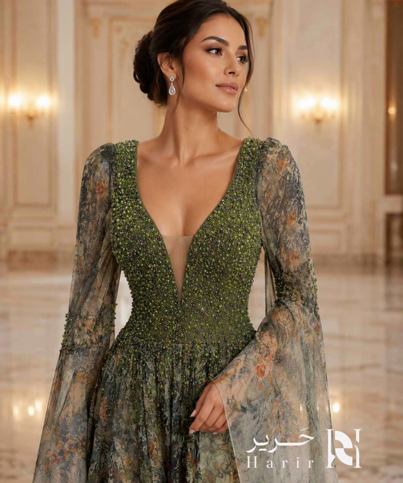 Olive Green Beaded Evening Dress with Deep V-Neckline, Sheer Wide Sleeves and Gradient Tulle Skirt