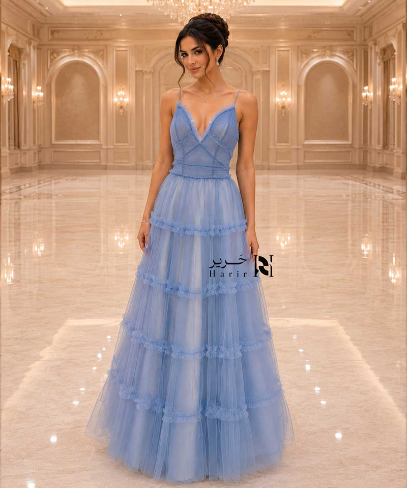 Sky Blue Layered Tulle Evening Dress with Deep V-Neckline, Thin Straps and Soft Ruffle Details