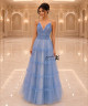 Sky Blue Layered Tulle Evening Dress with Deep V-Neckline, Thin Straps and Soft Ruffle Details