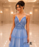 Sky Blue Layered Tulle Evening Dress with Deep V-Neckline, Thin Straps and Soft Ruffle Details