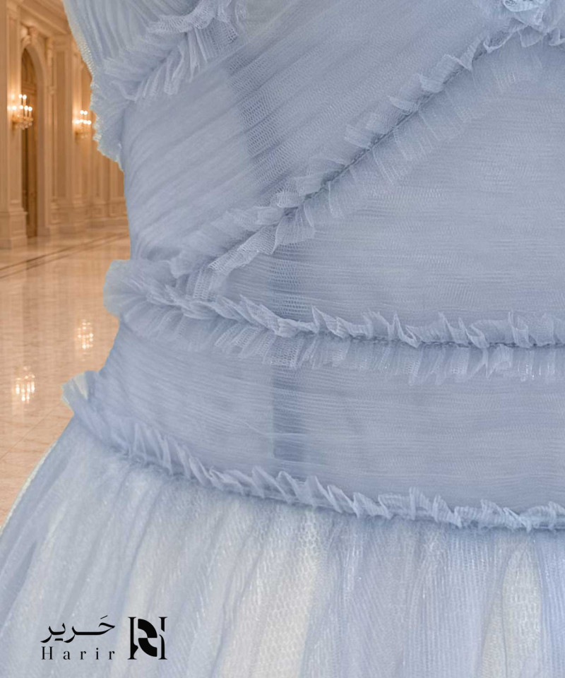 Sky Blue Layered Tulle Evening Dress with Deep V-Neckline, Thin Straps and Soft Ruffle Details