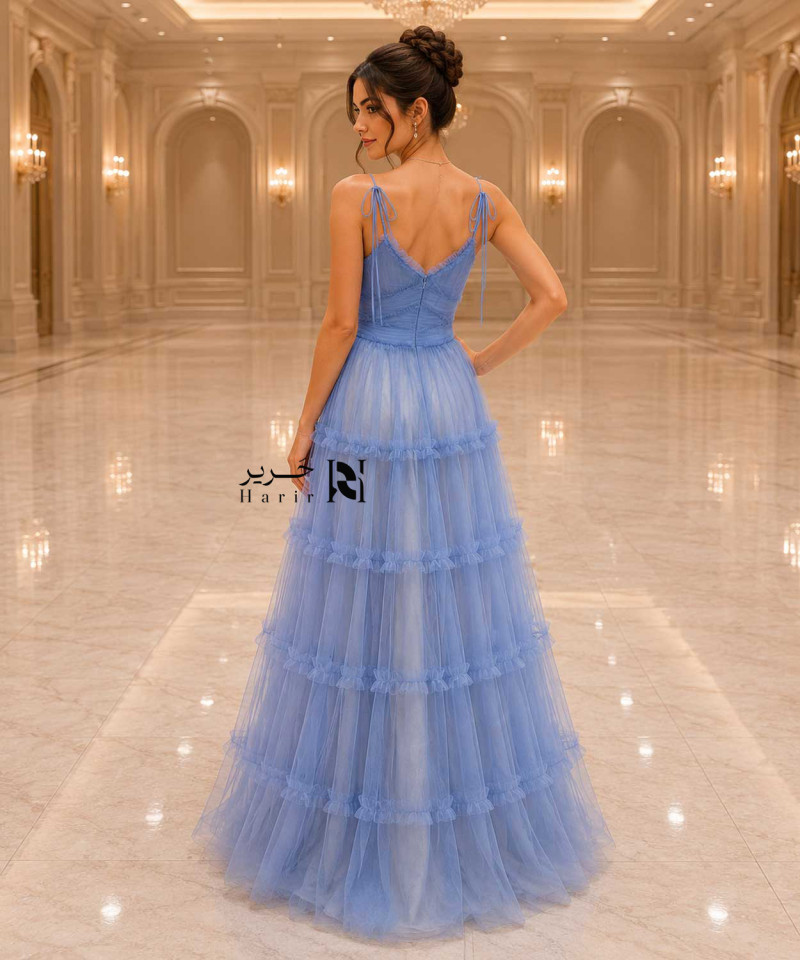 Sky Blue Layered Tulle Evening Dress with Deep V-Neckline, Thin Straps and Soft Ruffle Details