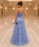 Sky Blue Layered Tulle Evening Dress with Deep V-Neckline, Thin Straps and Soft Ruffle Details