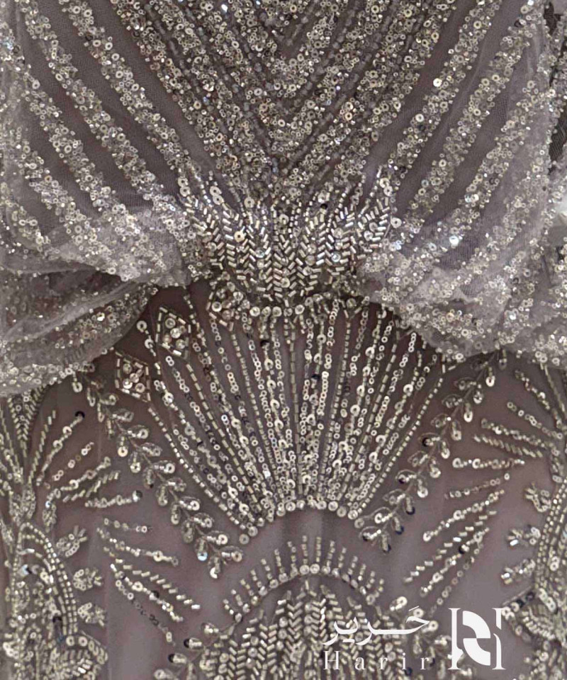 Luxury Gray Mauve Crystal Embroidered Evening Dress with V-Neckline, Sheer Cape Sleeves and Mermaid Silhouette