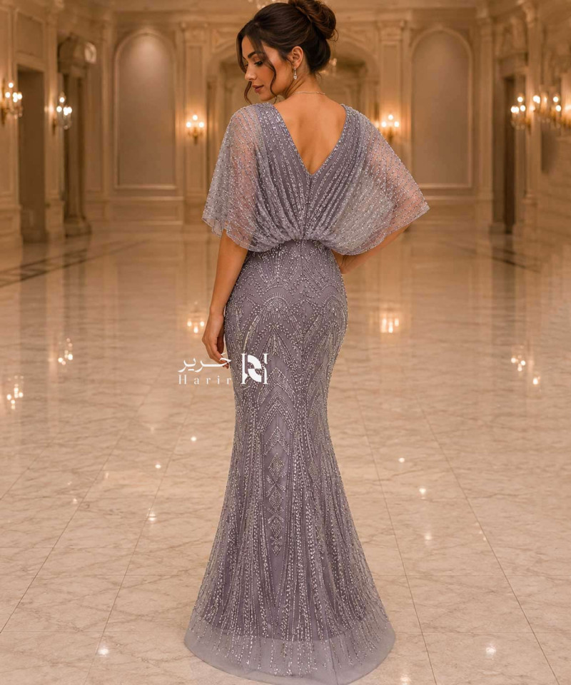 Luxury Gray Mauve Crystal Embroidered Evening Dress with V-Neckline, Sheer Cape Sleeves and Mermaid Silhouette