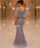 Luxury Gray Mauve Crystal Embroidered Evening Dress with V-Neckline, Sheer Cape Sleeves and Mermaid Silhouette