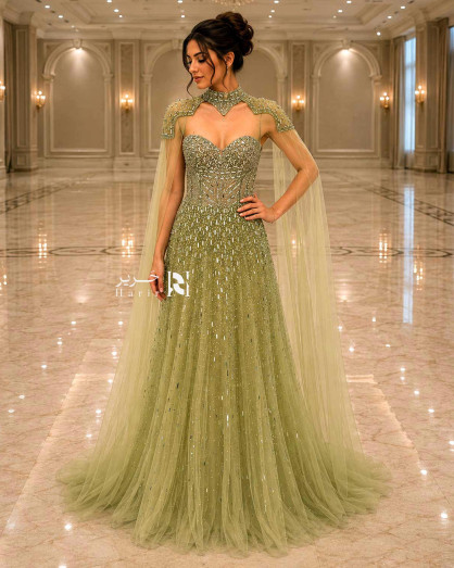Luxury Pistachio Green Crystal Embroidered Evening Dress with Sweetheart Corset Bodice, High Neck Collar and Sheer Tulle Cape - Luxury Pistachio Green Crystal Embroidered Evening Dress with Sweetheart Corset Bodice, High Neck Collar and Sheer Tulle Cape -