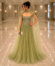 Luxury Pistachio Green Crystal Embroidered Evening Dress with Sweetheart Corset Bodice, High Neck Collar and Sheer Tulle Cape