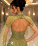 Luxury Pistachio Green Crystal Embroidered Evening Dress with Sweetheart Corset Bodice, High Neck Collar and Sheer Tulle Cape