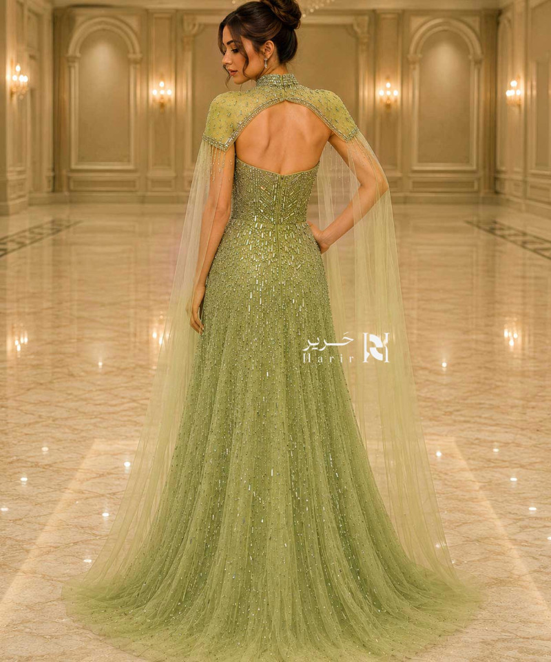 Luxury Pistachio Green Crystal Embroidered Evening Dress with Sweetheart Corset Bodice, High Neck Collar and Sheer Tulle Cape