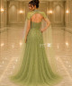 Luxury Pistachio Green Crystal Embroidered Evening Dress with Sweetheart Corset Bodice, High Neck Collar and Sheer Tulle Cape