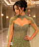 Luxury Pistachio Green Crystal Embroidered Evening Dress with Sweetheart Corset Bodice, High Neck Collar and Sheer Tulle Cape
