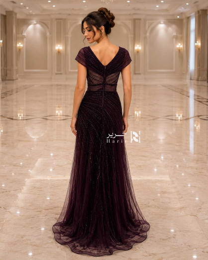 dark burgundy formal dress Beaded Evening with Cross V-Neckline, Short Sleeves and Soft Tulle Skirt Perfect for formal events