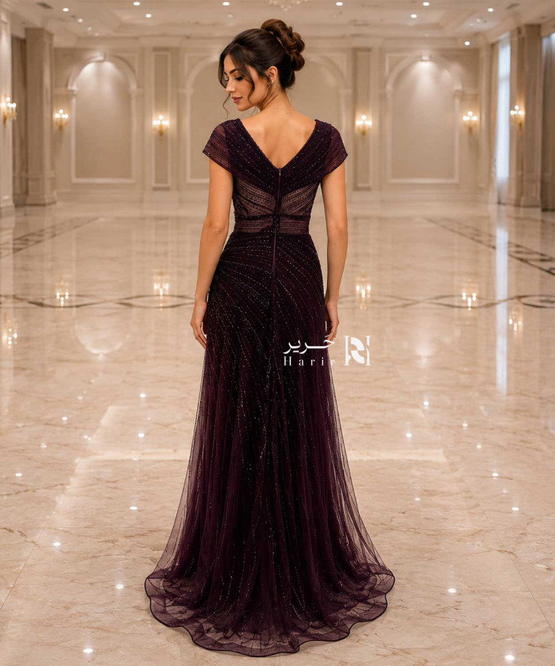 Dark Burgundy Beaded Evening Dress with Cross V-Neckline, Short Sleeves and Soft Tulle Skirt