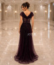 Dark Burgundy Beaded Evening Dress with Cross V-Neckline, Short Sleeves and Soft Tulle Skirt