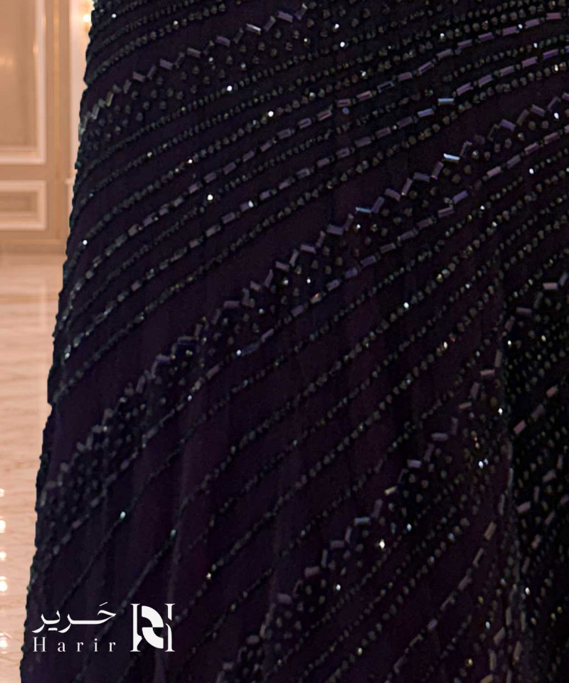 Dark Burgundy Beaded Evening Dress with Cross V-Neckline, Short Sleeves and Soft Tulle Skirt