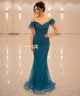 Luxury Deep Teal Crystal Embroidered Evening Dress with Off-Shoulder Feather Detail and Mermaid Silhouette