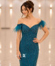 Luxury Deep Teal Crystal Embroidered Evening Dress with Off-Shoulder Feather Detail and Mermaid Silhouette
