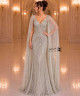 Luxury Silver Champagne Crystal Embroidered Evening Dress with V-Neckline, Sheer Tulle Cape and Mermaid Silhouette