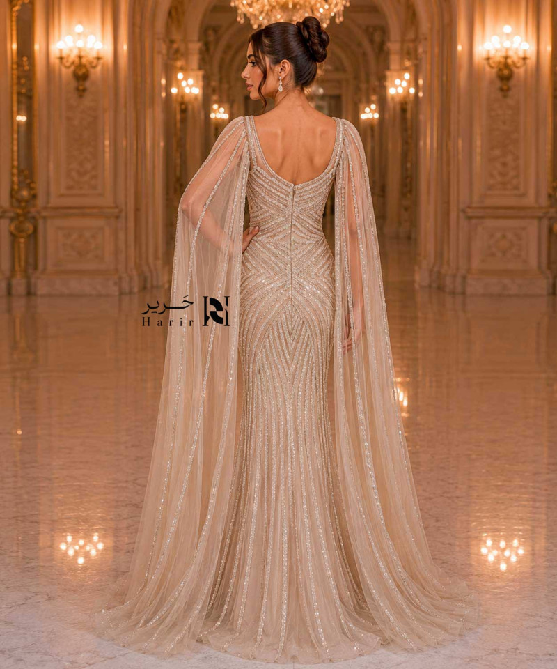 Luxury Silver Champagne Crystal Embroidered Evening Dress with V-Neckline, Sheer Tulle Cape and Mermaid Silhouette