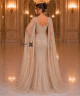 Luxury Silver Champagne Crystal Embroidered Evening Dress with V-Neckline, Sheer Tulle Cape and Mermaid Silhouette