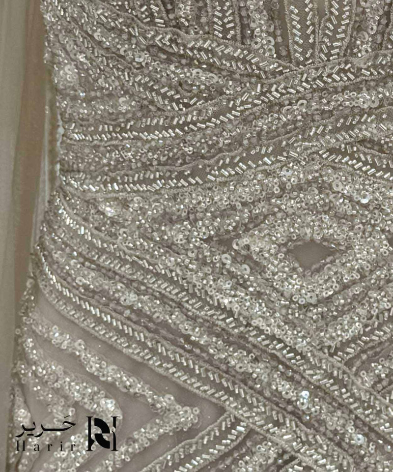 Luxury Silver Champagne Crystal Embroidered Evening Dress with V-Neckline, Sheer Tulle Cape and Mermaid Silhouette