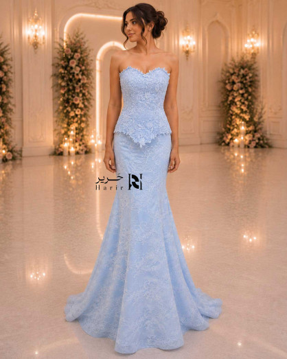 Sky Blue Embroidered Lace Mermaid Evening Dress with Lace-Up Corset Back