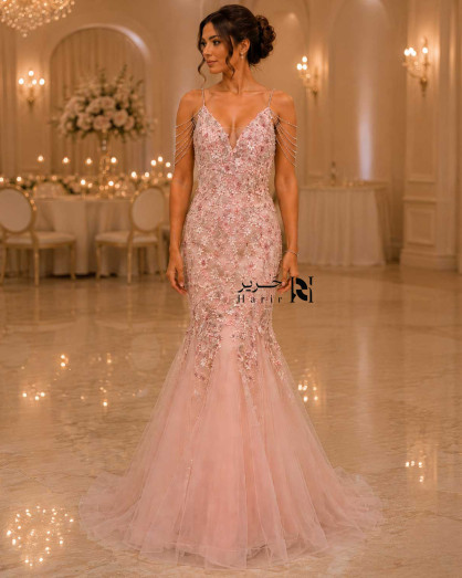 Light Pink 3D Floral Embellished Mermaid Evening Dress