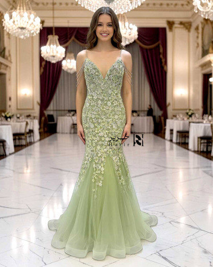 light green floral formal dress 3D Embellished Mermaid Evening sage green floral dress for wedding
