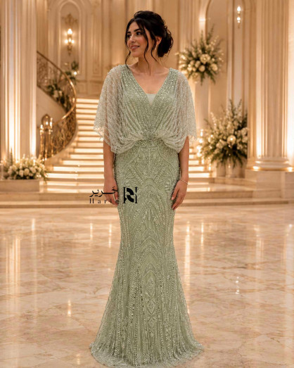 Luxury Sage Green Mermaid Evening Dress with Crystal Beading, Sheer Cape and V-Neckline