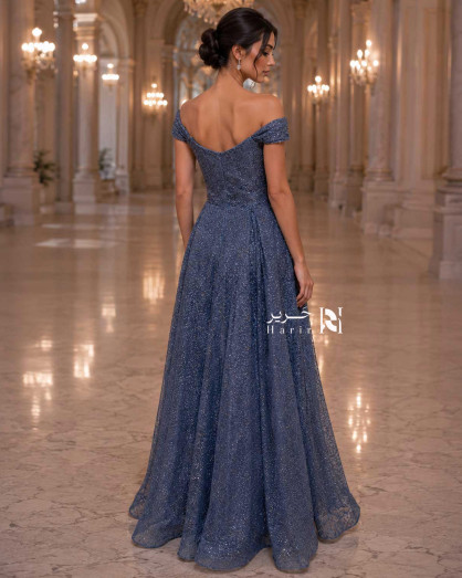 petrol blue evening dress Luxury Petrol Blue Off-Shoulder Evening Dress with Crystal Beading and  Sheer Side Overlay -