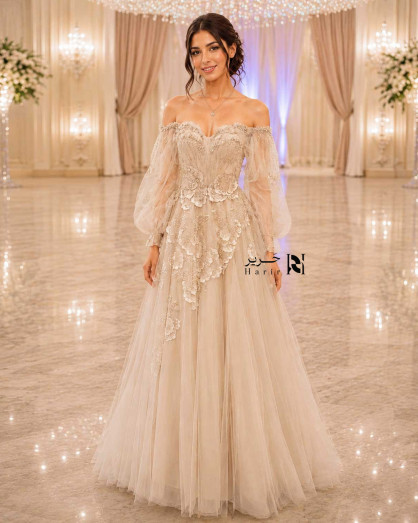 beige tulle wedding dress Luxury Beige Tassel Strapless Layered Tulle Ball Gown Evening Dress SS734