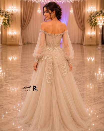 Luxury Champagne Beige Off-Shoulder Ball Gown with Puffy Tulle Sleeves and 3D Floral Embroidery