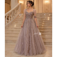 Mauve Gray Glitter Tulle Ball Gown with Embroidered Corset