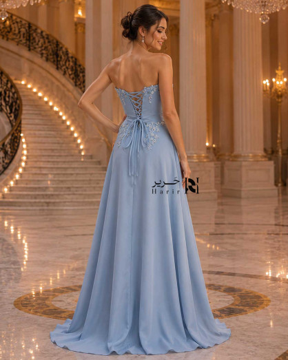 Light Sky Blue A-Line Evening Dress with Floral Embroidery and Side Slit